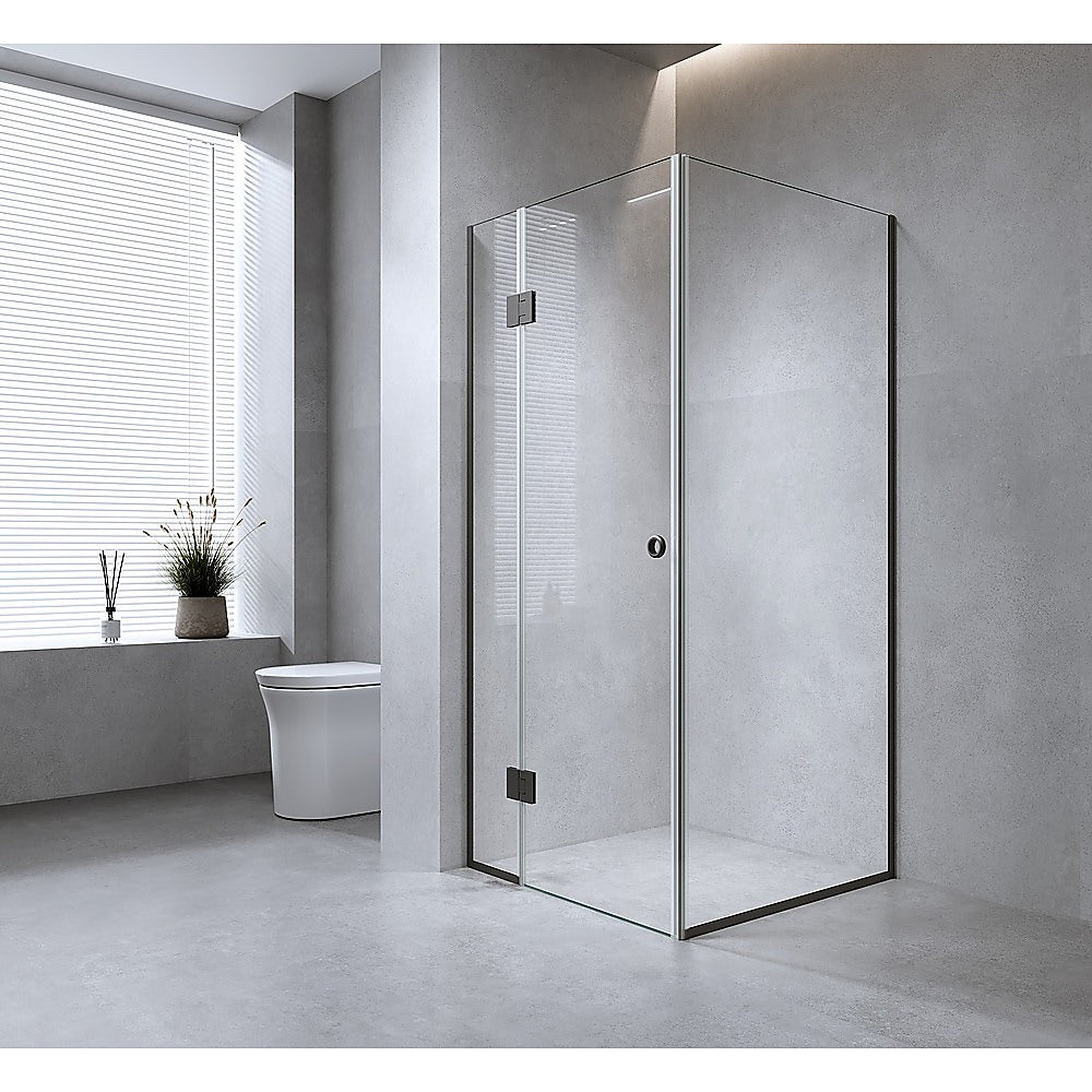 90x90cm Corner Frameless Shower Screen – Black Wall Channel and Floor Channel with Brass Hinges for Elegant Bathrooms