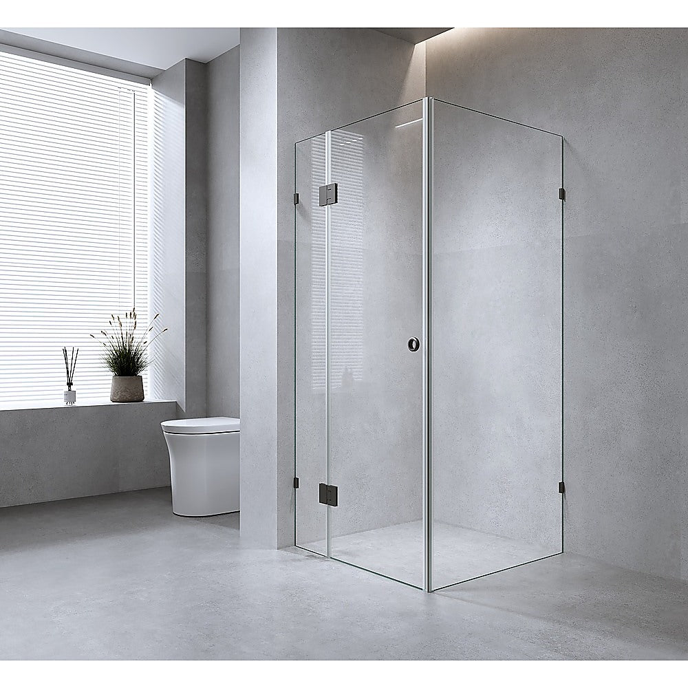 90x90cm Corner Frameless Shower Screen with Nickel Brackets and Brass Hinges, Round Handle