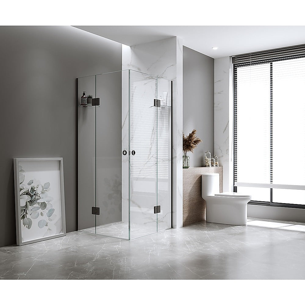 90x110cm Double Door Corner Shower with Black Channels and Brass Hinges, Round Handle