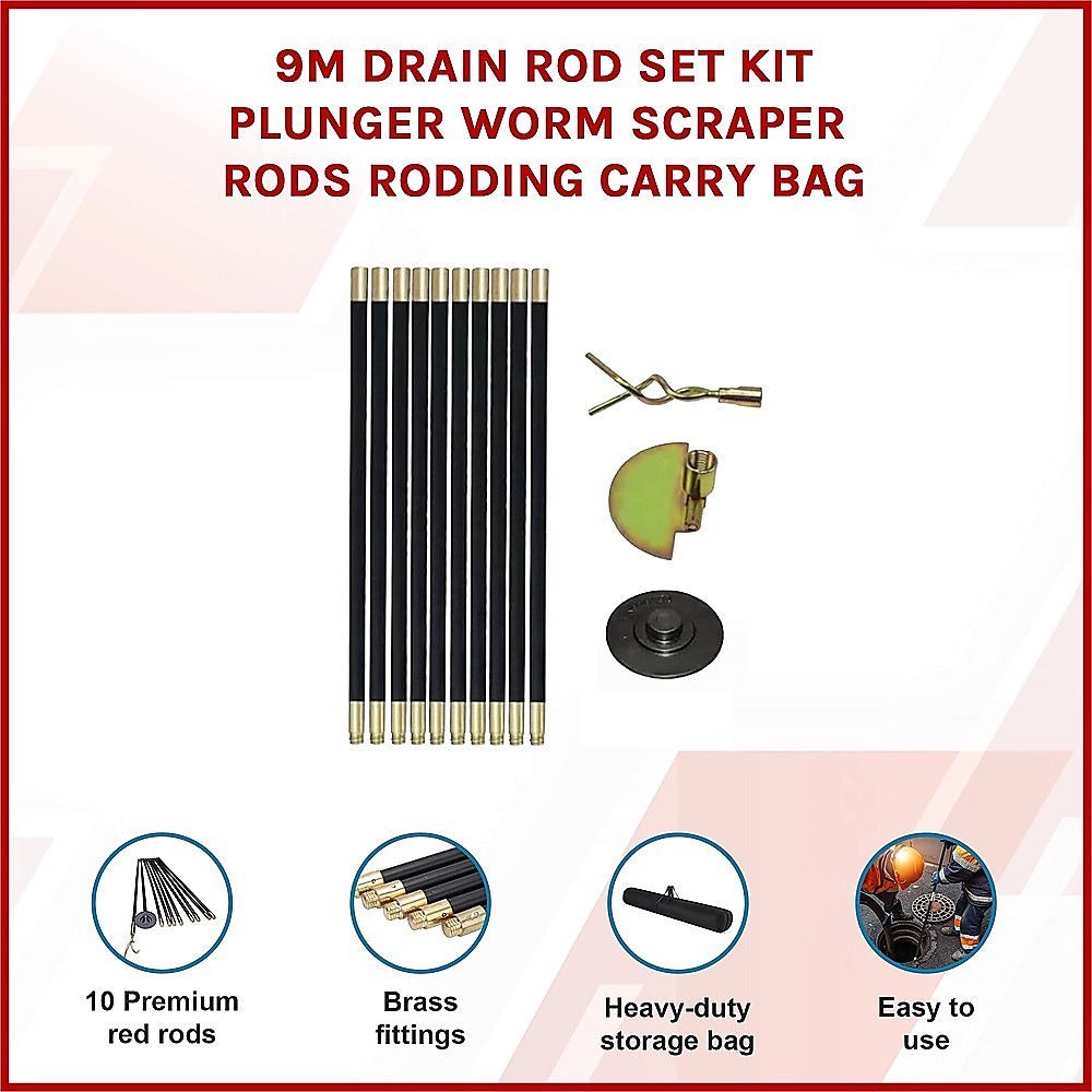 9m Drain Rod Set Kit Plunger Worm Scraper Cleaning Rods Rodding Carry Bag