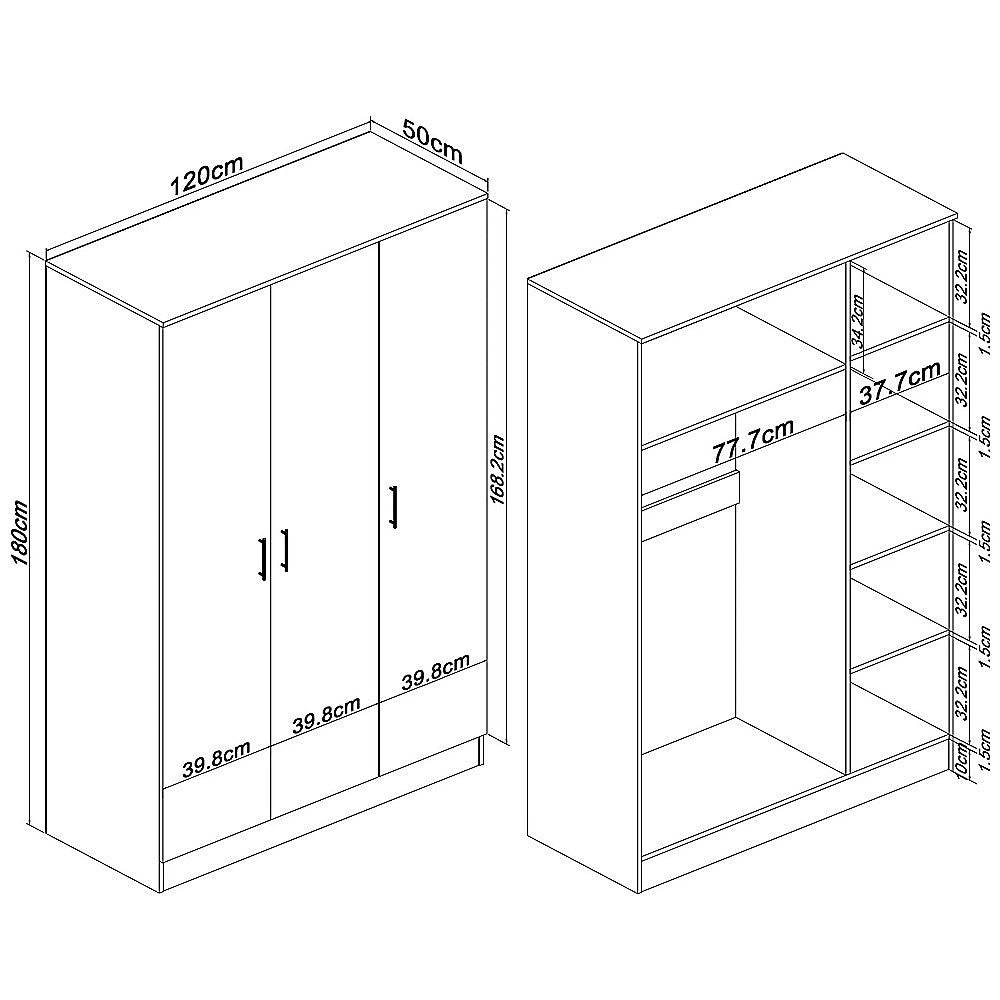 3 Door White Gloss Wardrobe – Black Handles, Hanging Rail & Shelves
