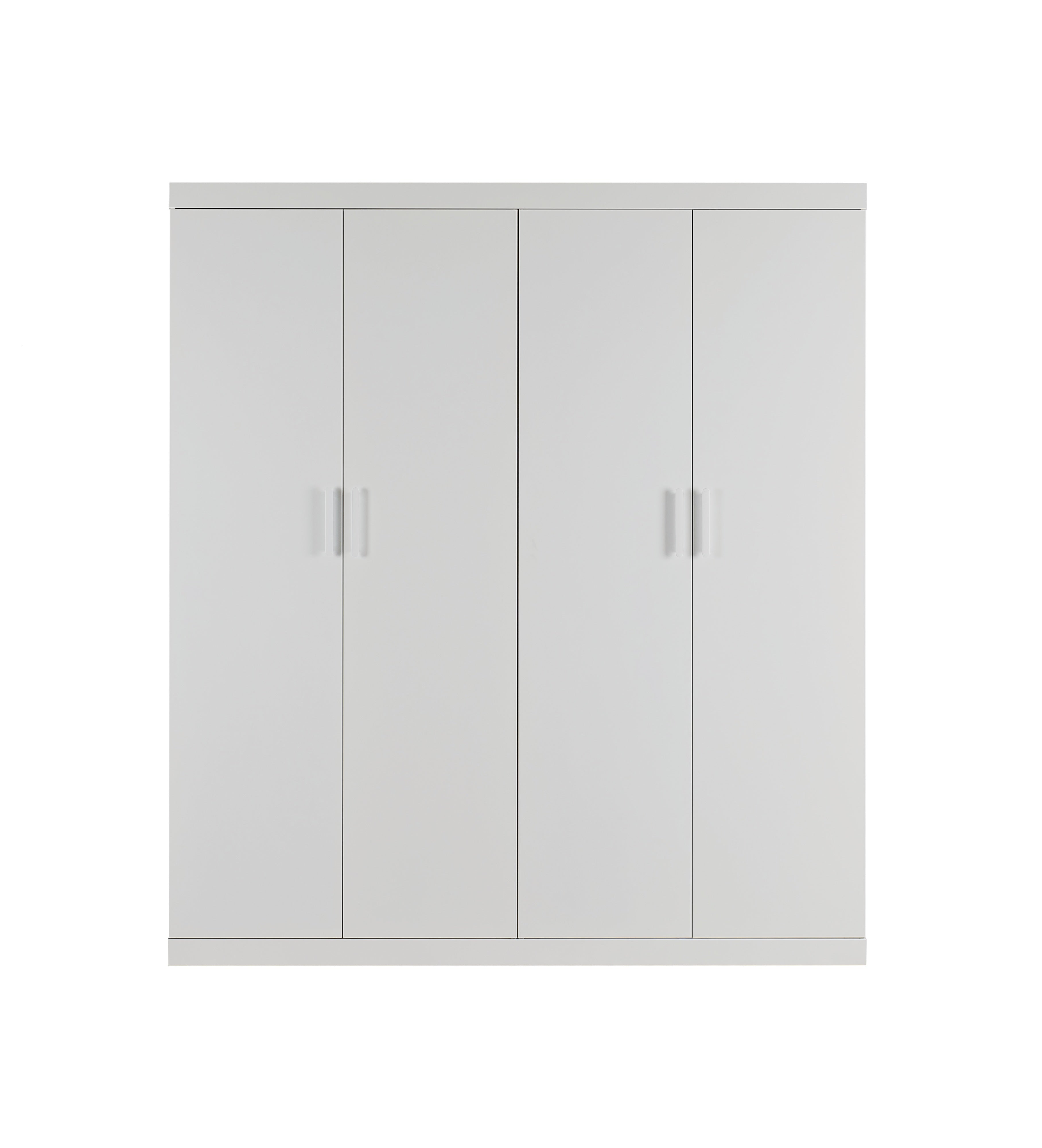 4 Door Wardrobe in White Gloss – Hanging Rail, Shelves & White Handles