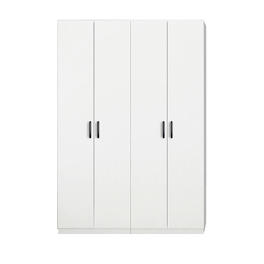 4 Door Wardrobe in White Gloss – Hanging Rail, Shelves & Black Handles
