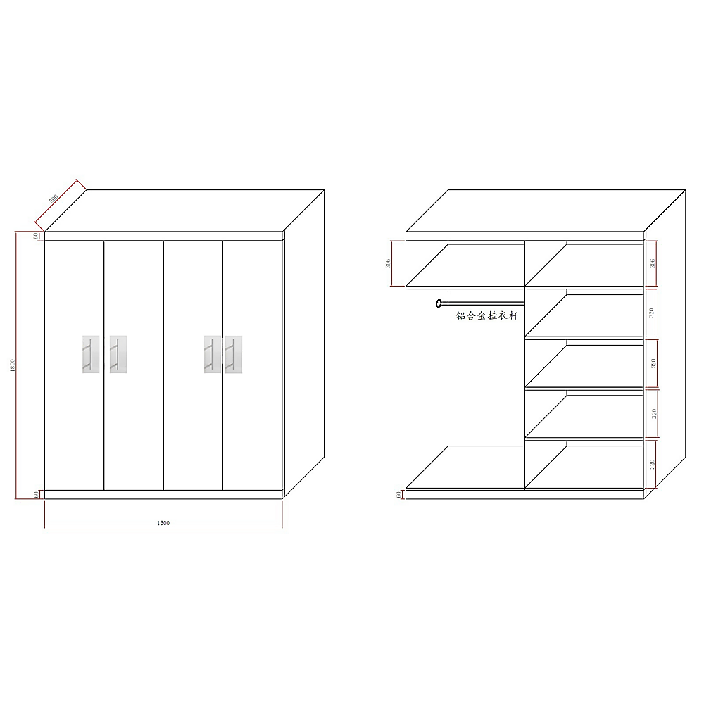 4 Door Wardrobe in White Gloss – Hanging Rail, Shelves & Black Handles