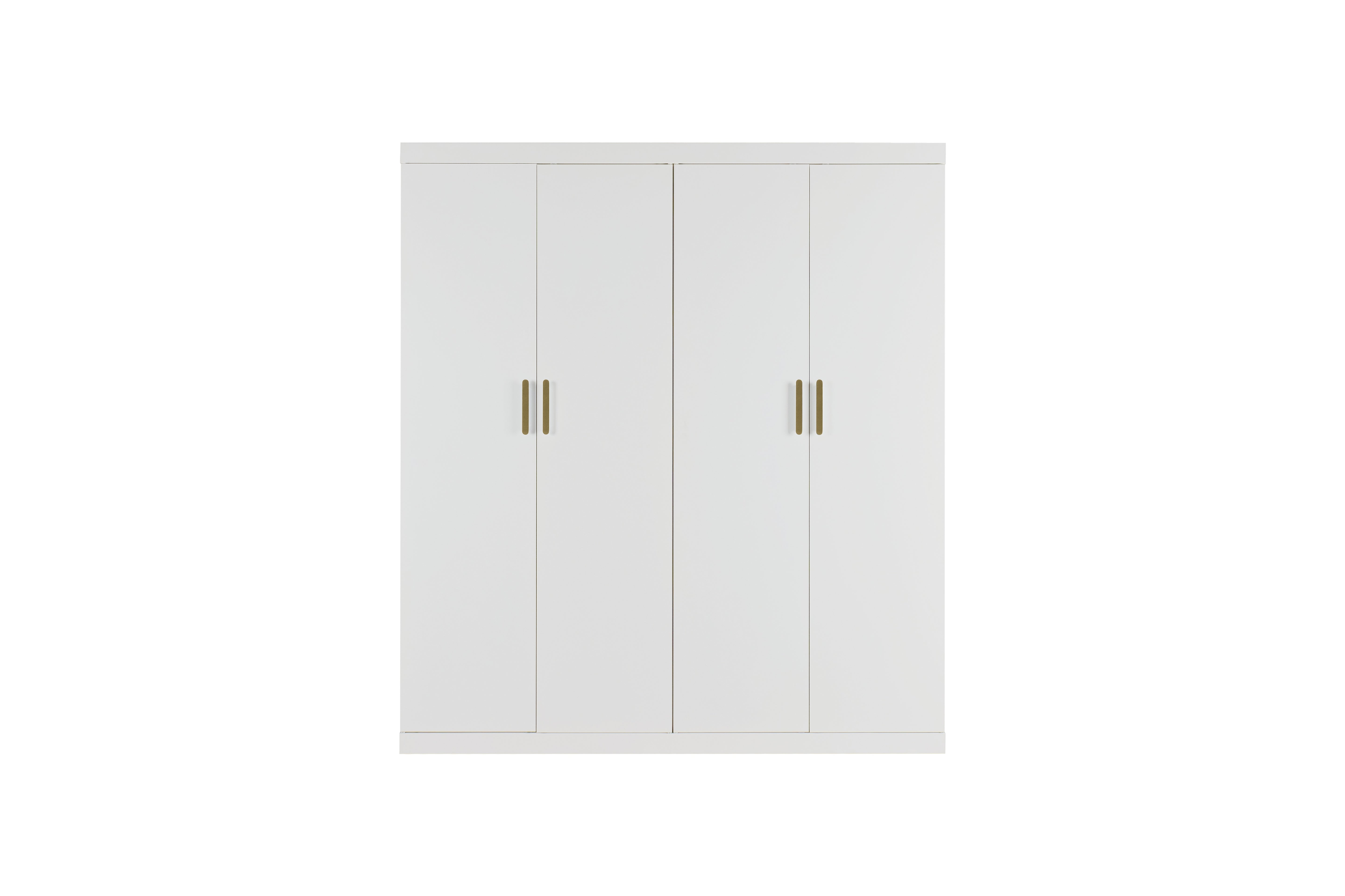 4 Door Wardrobe in White Gloss – Hanging Rail, Shelves & Gold Handles