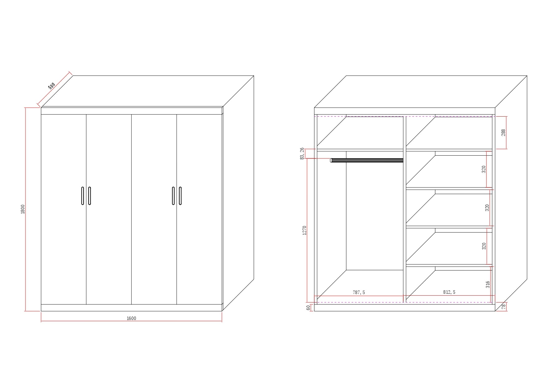 4 Door Wardrobe in White Gloss – Hanging Rail, Shelves & Gold Handles