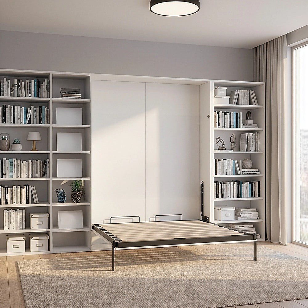 Double Wall Bed in White Gloss – Space Saving Murphy Bed Kit with Silver Door Handle