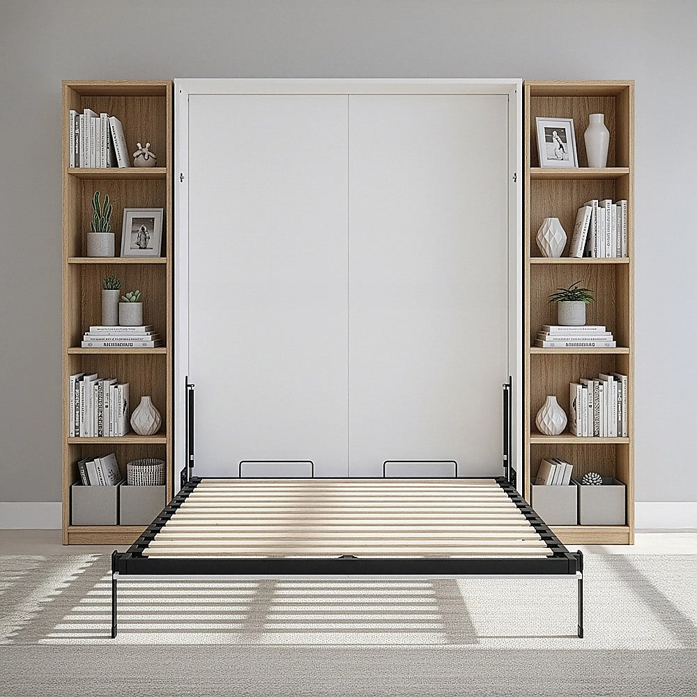 Queen Wall Bed in White Gloss – Space Saving Murphy Bed Kit with Black Door Handle