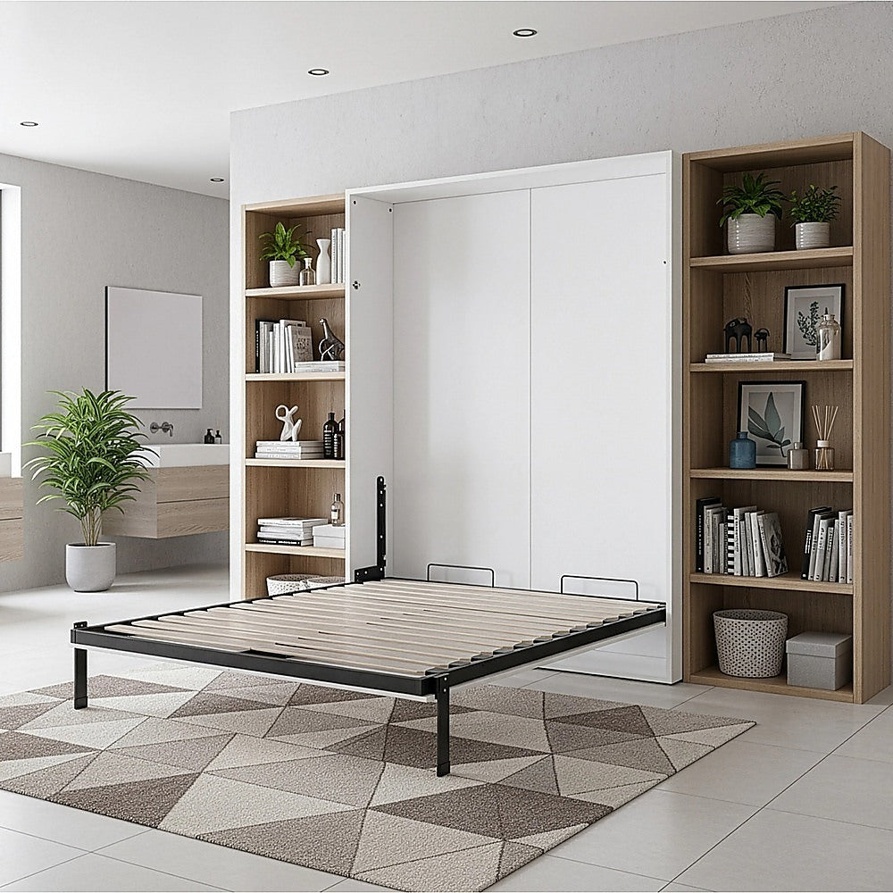 Queen Wall Bed in White Gloss – Space Saving Murphy Bed Kit with Gold Door Handle