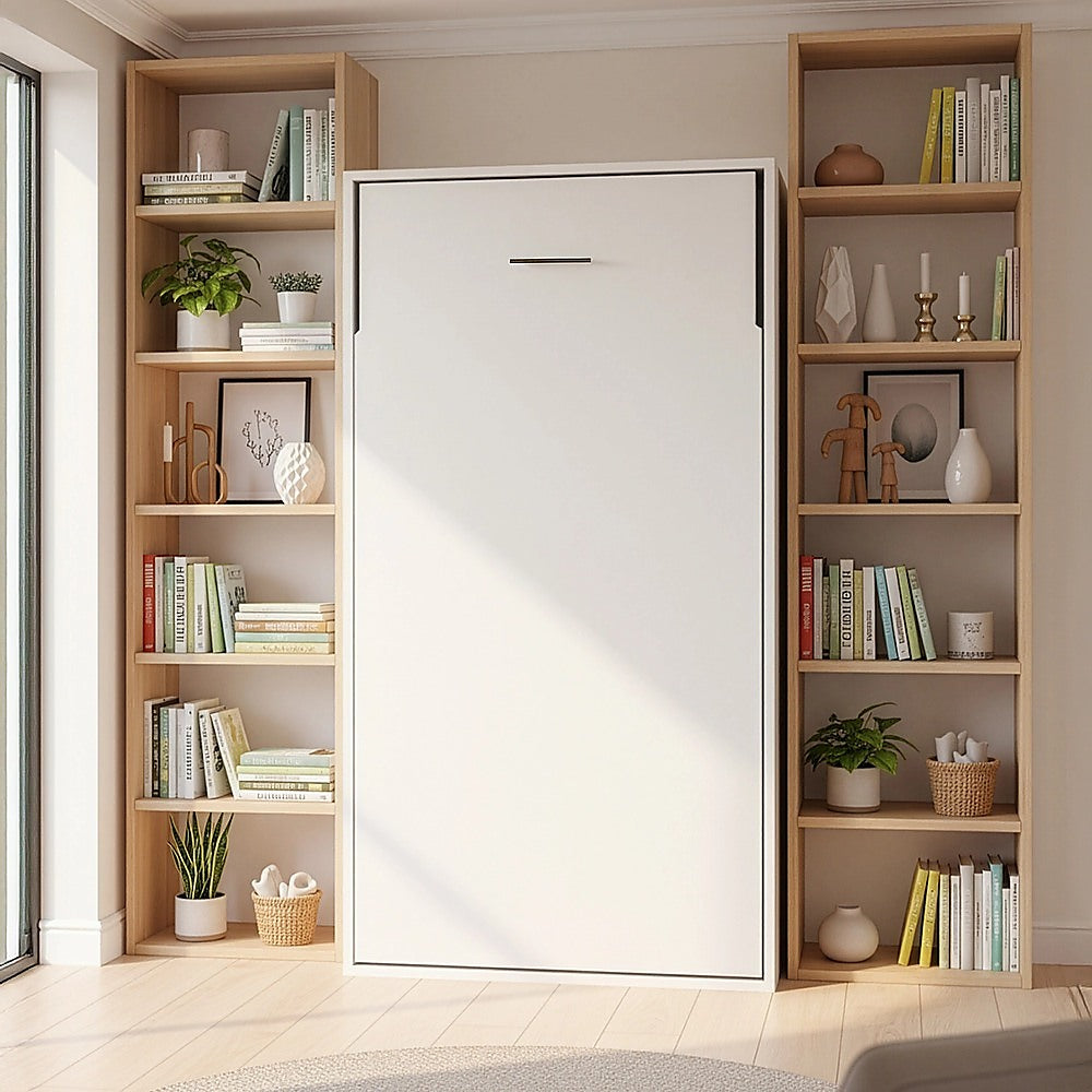 Single Wall Bed in White Gloss – Space Saving Murphy Bed Kit with Black Door Handle