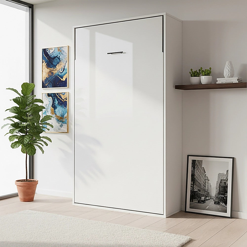 King-single Wall Bed in White Gloss – Space Saving Murphy Bed Kit with Gold Door Handle