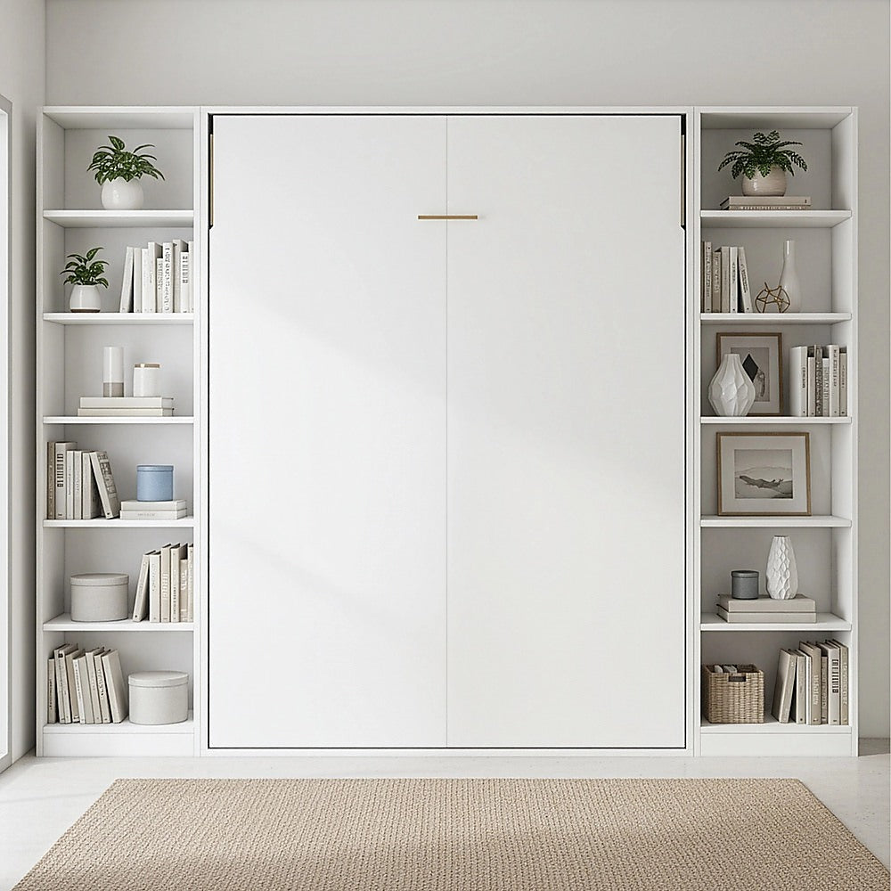 Queen Wall Bed in White – Space Saving Murphy Bed Kit with Silver Door Handle