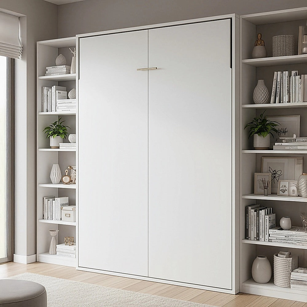 Queen Wall Bed in White – Space Saving Murphy Bed Kit with Silver Door Handle