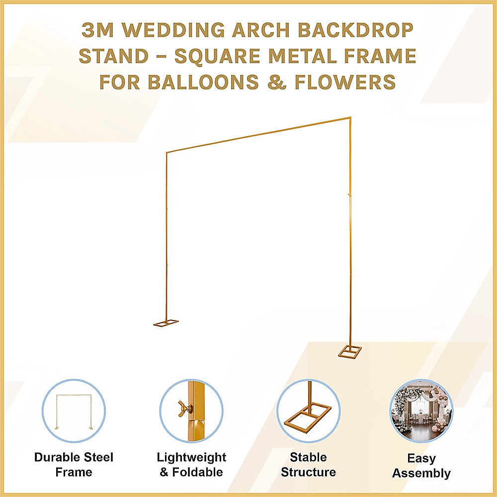 3m Wedding Arch Backdrop Stand – Square Metal Frame for Balloons & Flowers