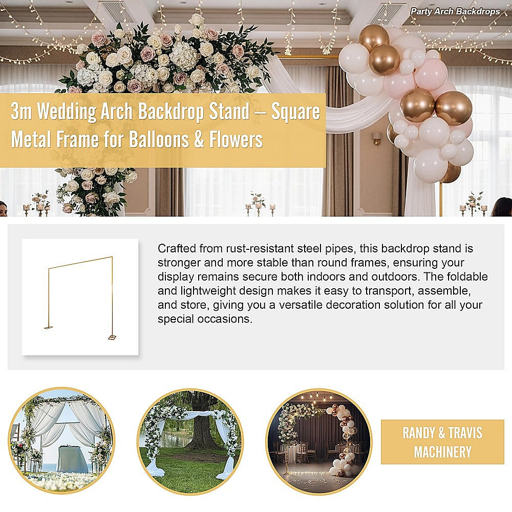 3m Wedding Arch Backdrop Stand – Square Metal Frame for Balloons & Flowers