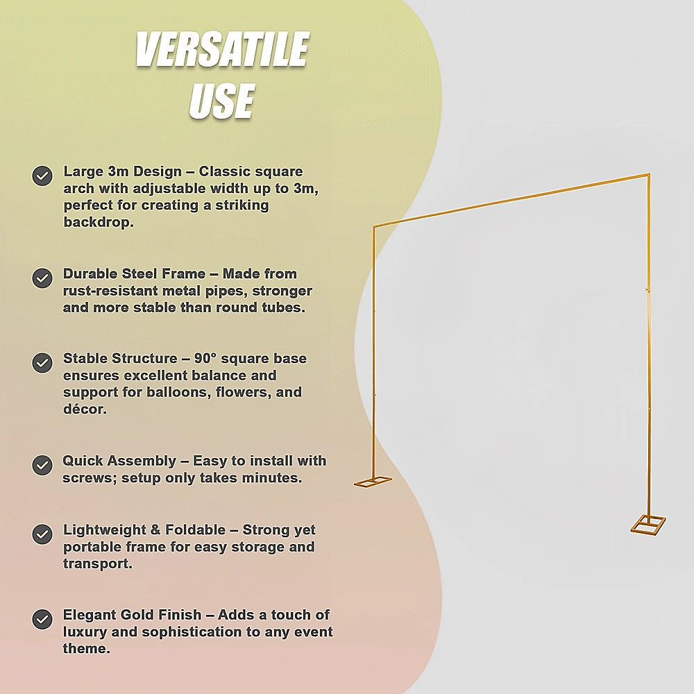 3m Wedding Arch Backdrop Stand – Square Metal Frame for Balloons & Flowers