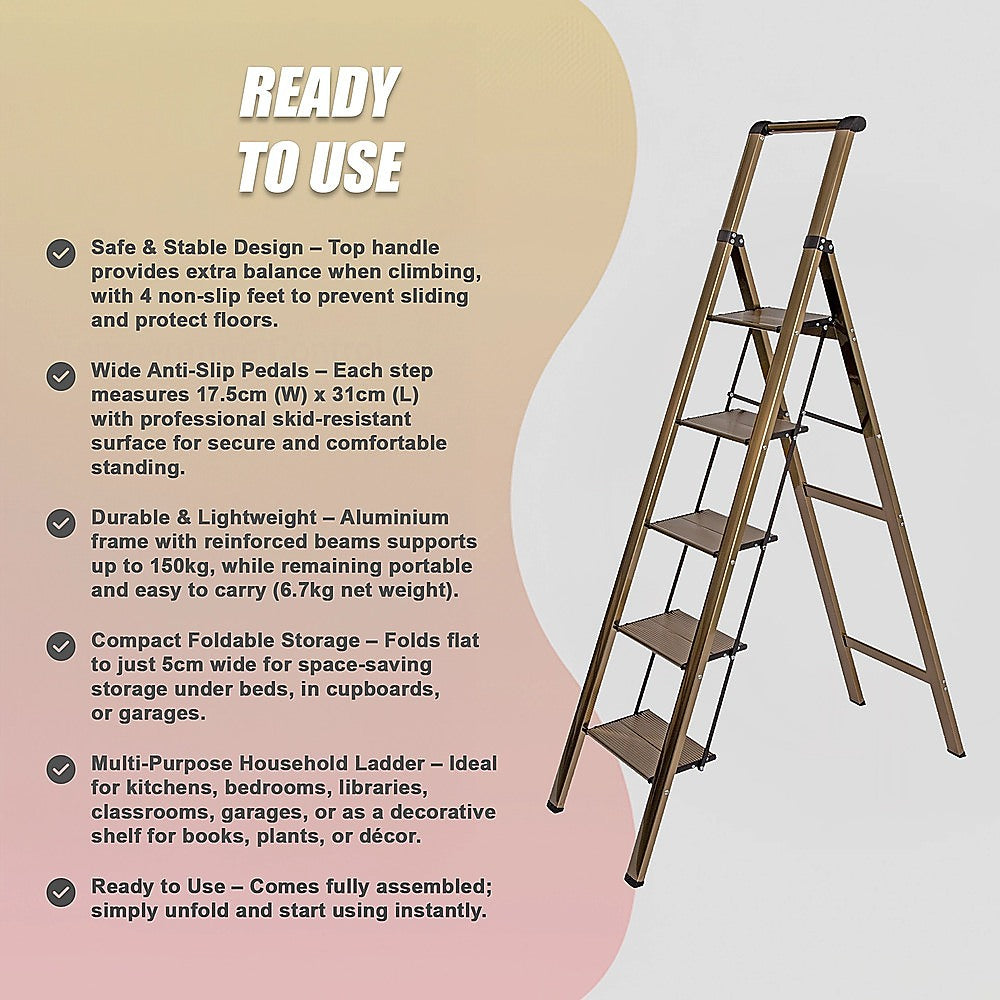 5 Step Ladder – Foldable Lightweight Aluminium with Anti-Slip Pedals
