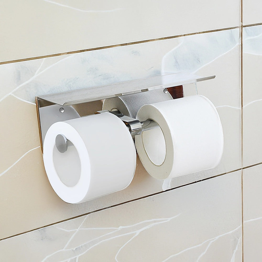 Double Toilet Paper Holder with Shelf Wall Mounted Bathroom Storage
