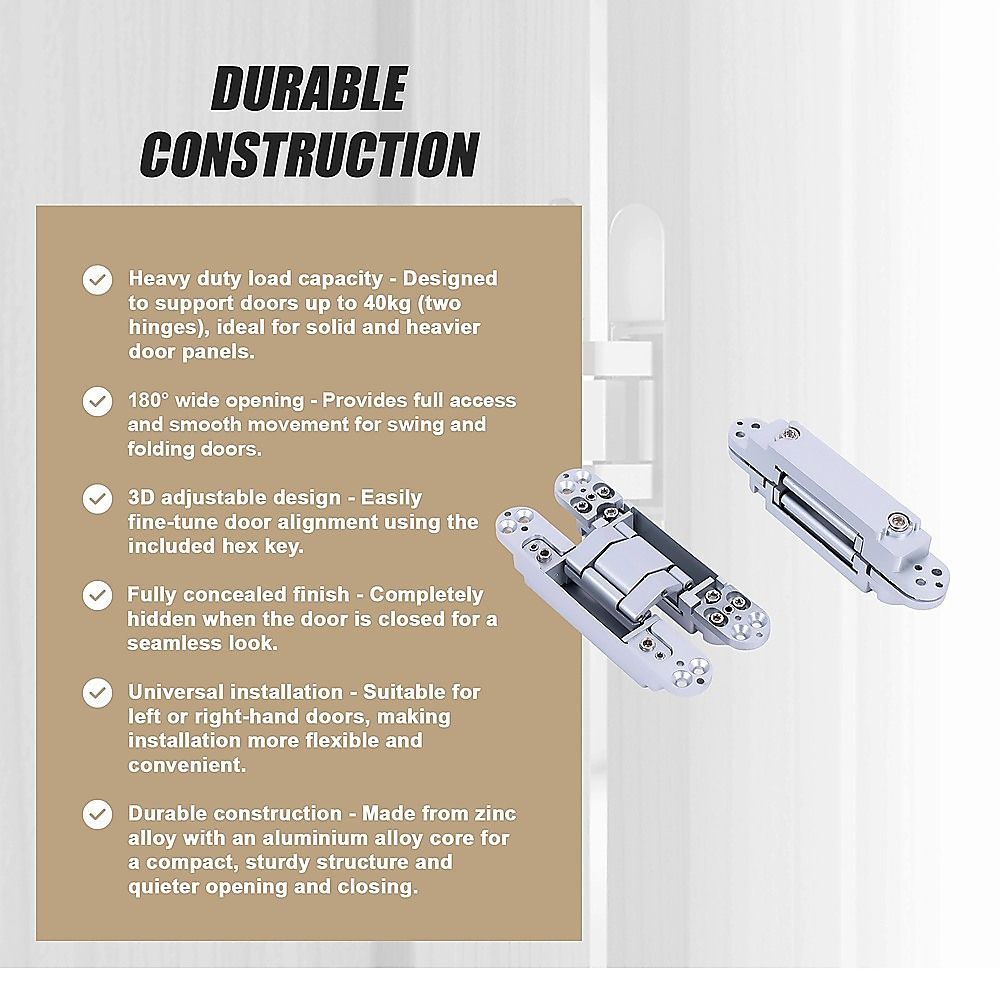 Hidden Door Hinges 180° Heavy Duty 3D Adjustable Silver 40kg