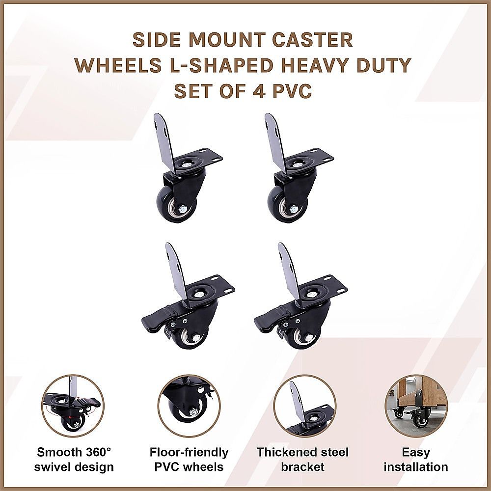 Side Mount Caster Wheels L-Shaped Heavy Duty Set of 4 PVC