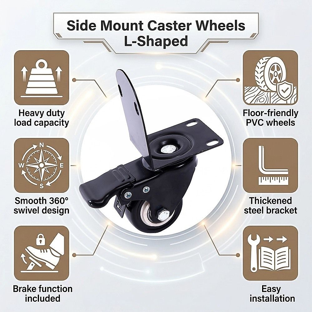Side Mount Caster Wheels L-Shaped Heavy Duty Set of 4 PVC