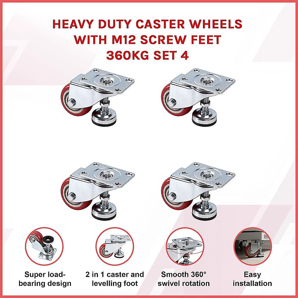 7.6cm Heavy Duty Caster Wheels With M12 Screw Feet 360kg Set Of 4