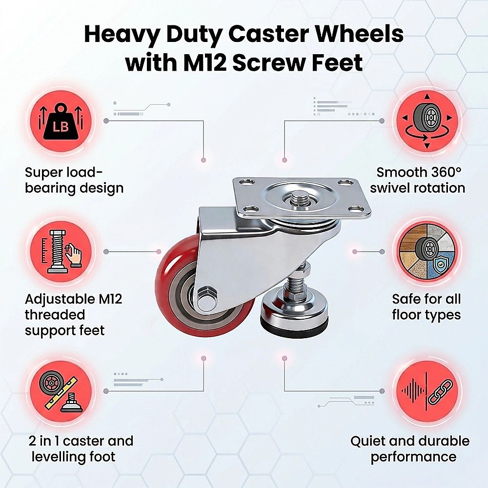 7.6cm Heavy Duty Caster Wheels With M12 Screw Feet 360kg Set Of 4