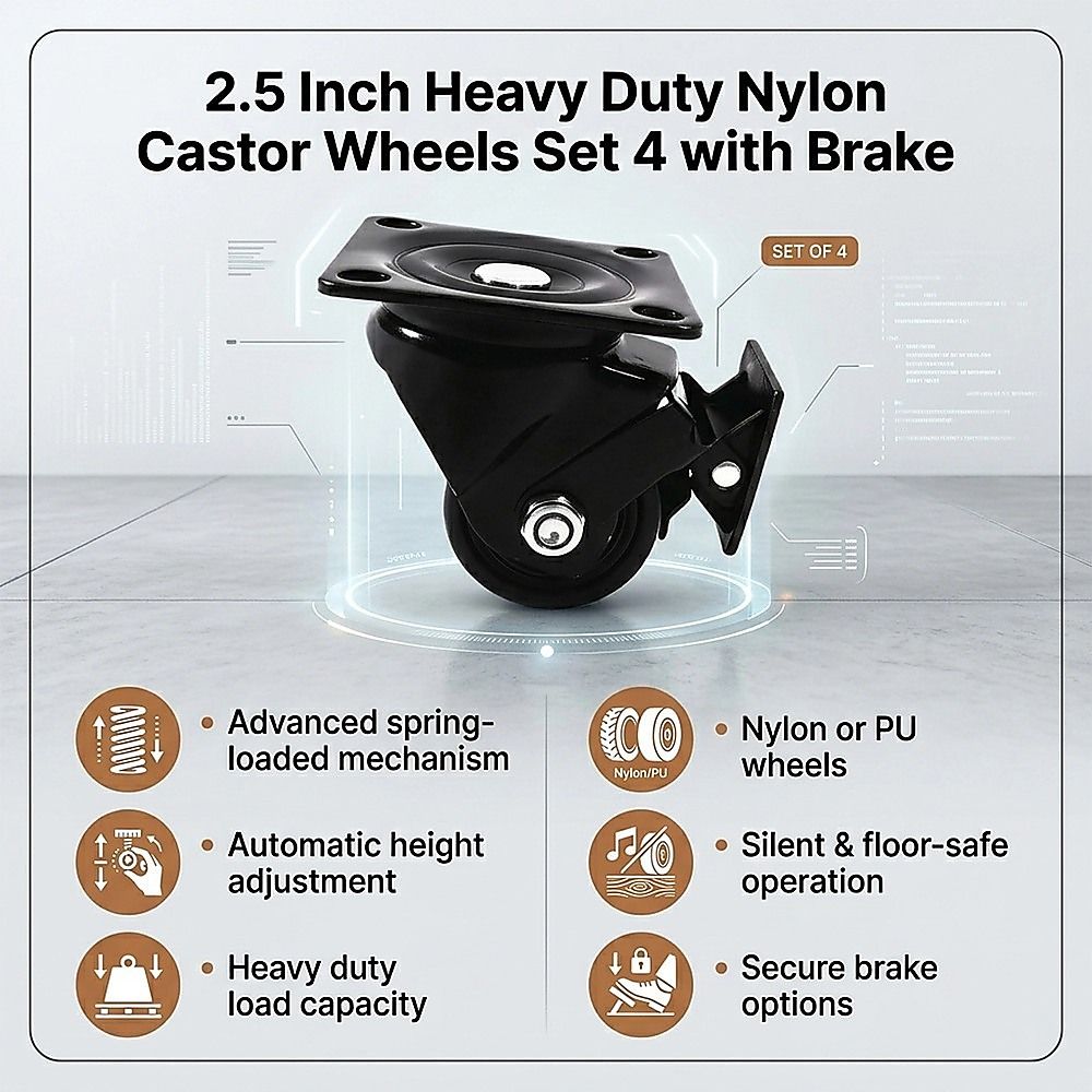 2.5 Inch Heavy Duty Nylon Castor Wheels Set 4 with Brake