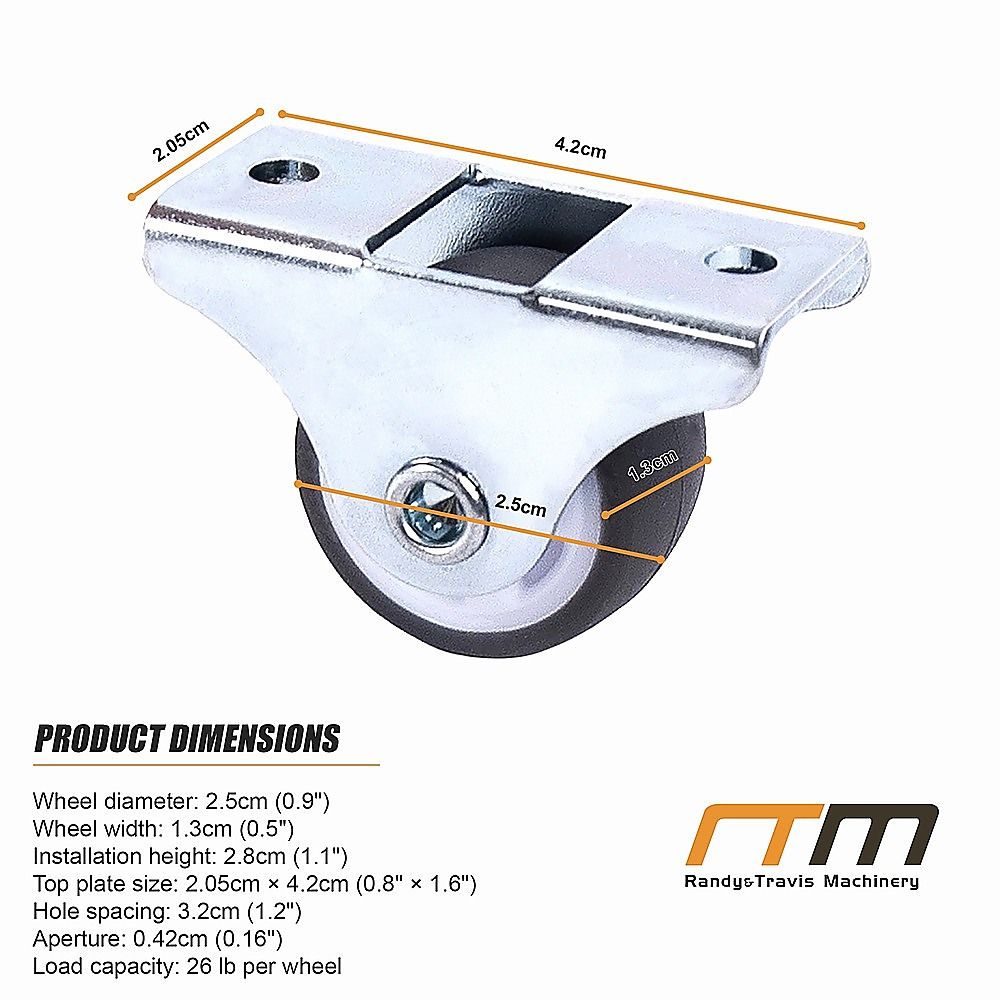 Mini Fixed Caster Wheels Rubber Low Profile Set 4