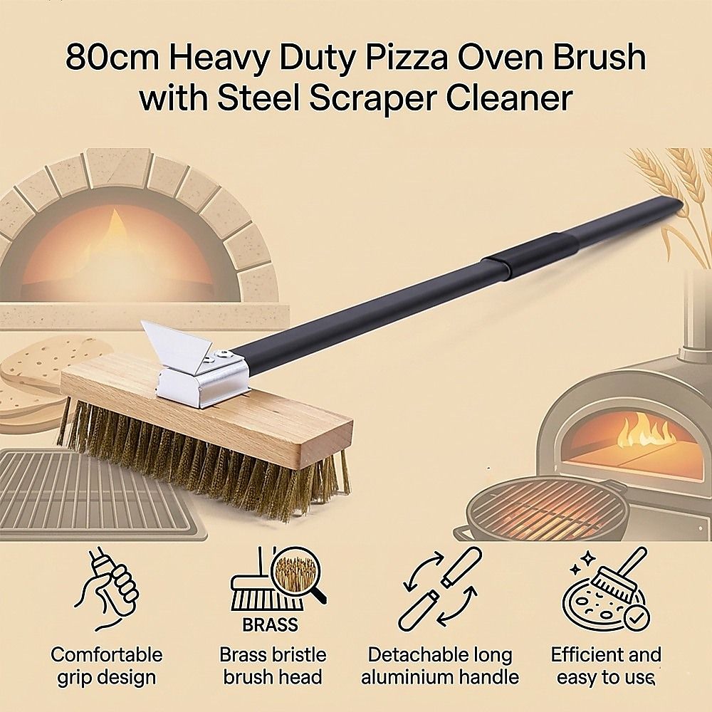 80cm Heavy Duty Pizza Oven Brush with Steel Scraper