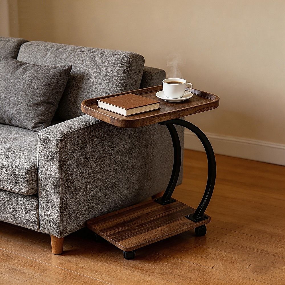 C-Shaped Corner End Table with Wheels Sofa Side