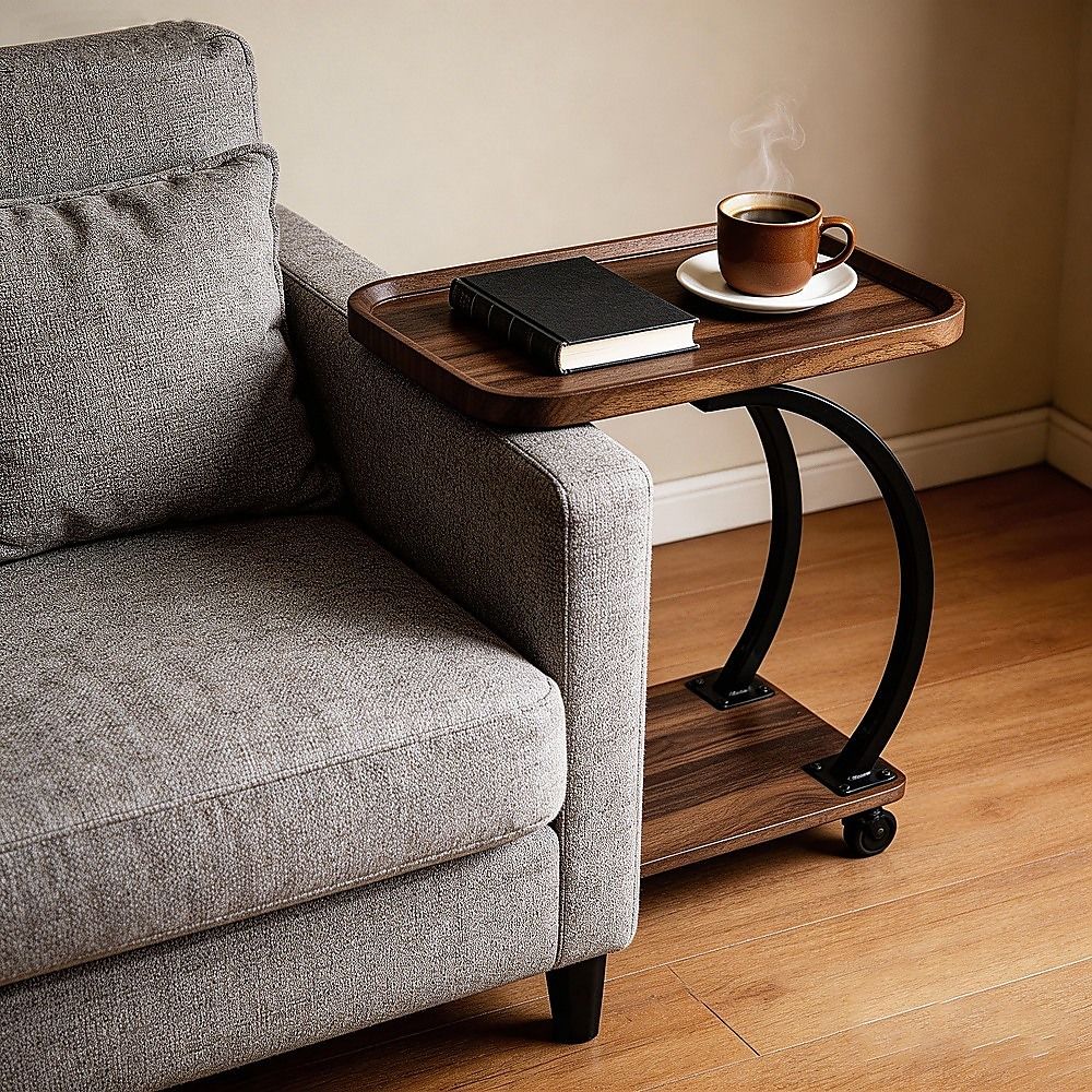 C-Shaped Corner End Table with Wheels Sofa Side