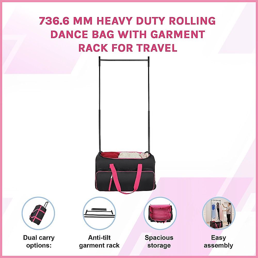736.6 mm Heavy Duty Rolling Dance Bag with Garment Rack for Travel