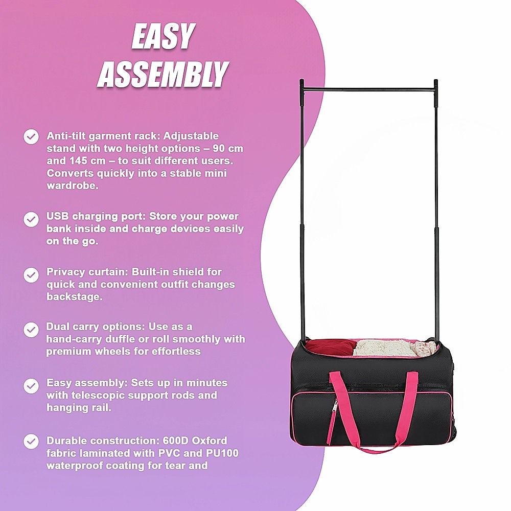 736.6 mm Heavy Duty Rolling Dance Bag with Garment Rack for Travel