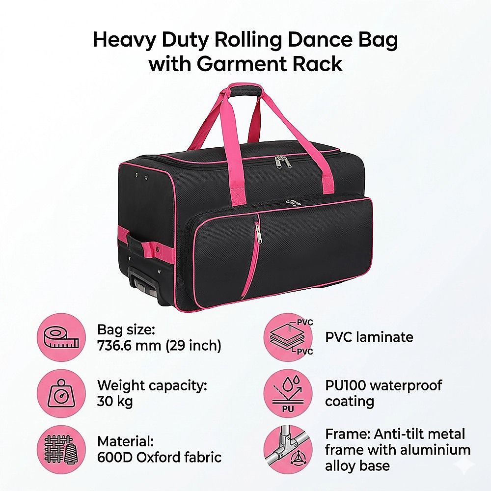 736.6 mm Heavy Duty Rolling Dance Bag with Garment Rack for Travel
