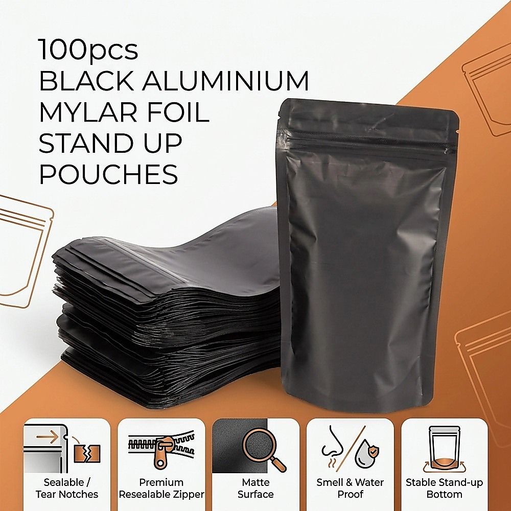 Black Aluminium Mylar Foil Stand Up Pouch 100pcs