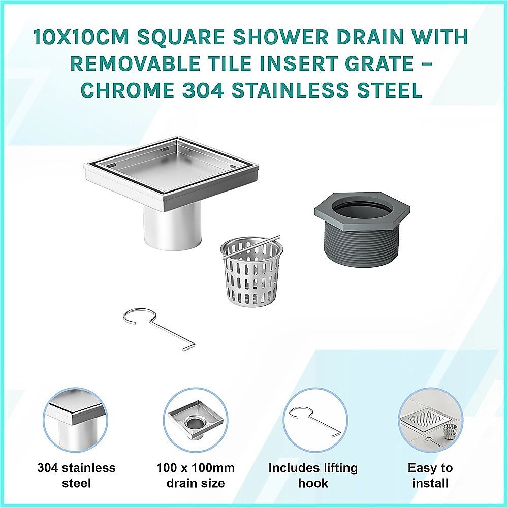 10x10cm Square Shower Drain with Removable Tile Insert Grate – Stainless steel 304SS, CUPC Certified for Modern Bathrooms