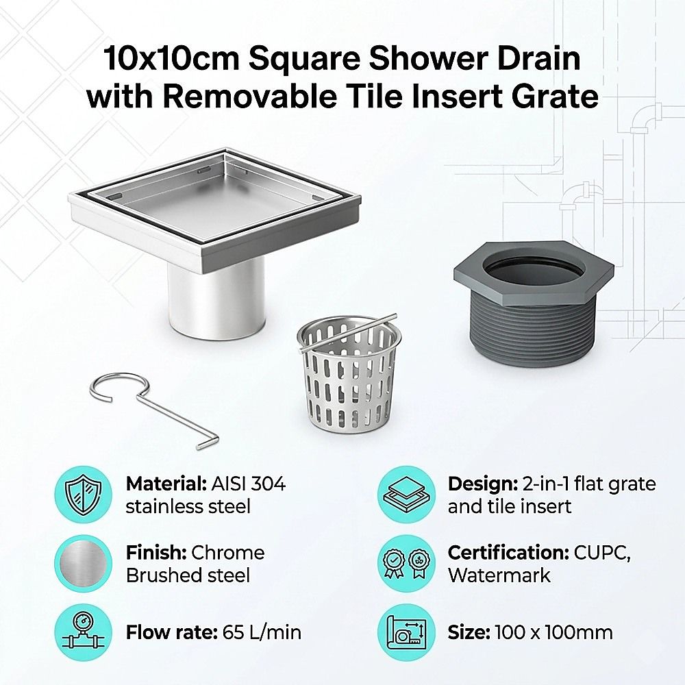 10x10cm Square Shower Drain with Removable Tile Insert Grate – Stainless steel 304SS, CUPC Certified for Modern Bathrooms