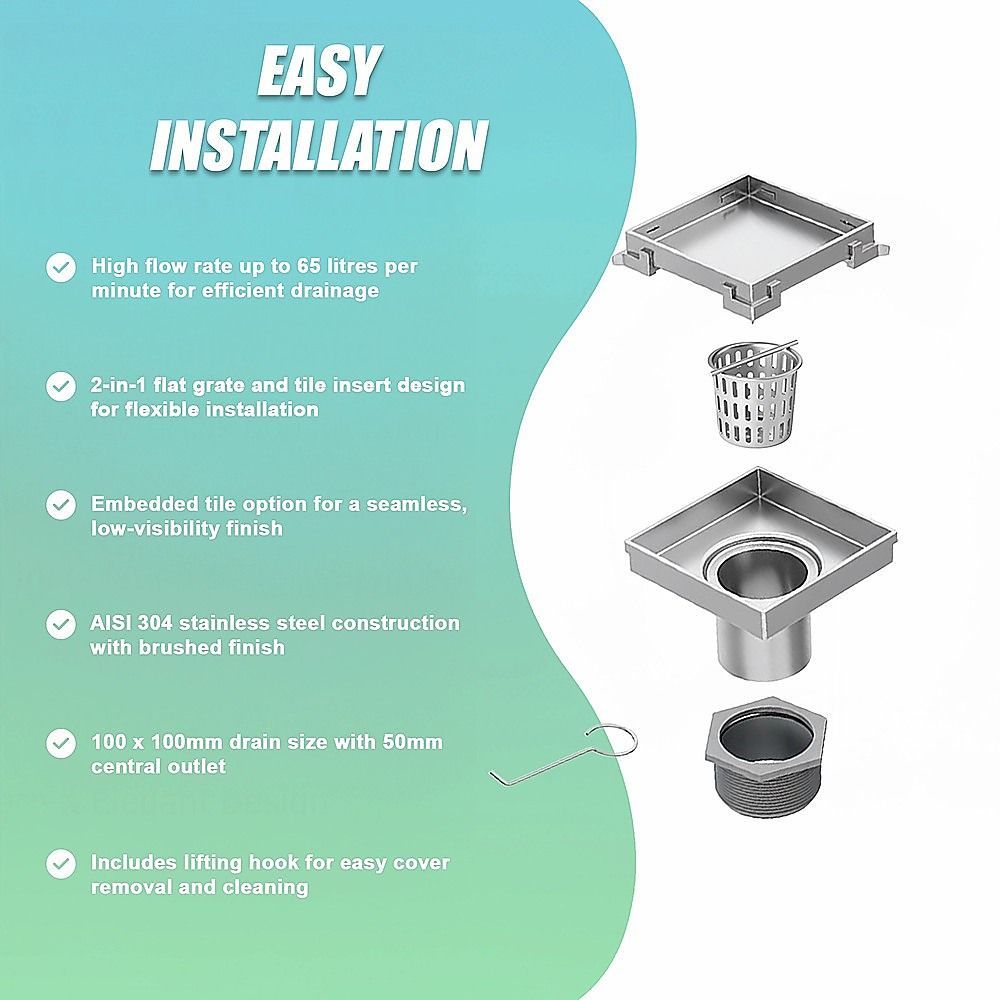 10x10cm Square Shower Drain with Removable Tile Insert Grate – Stainless steel 304SS, CUPC Certified for Modern Bathrooms