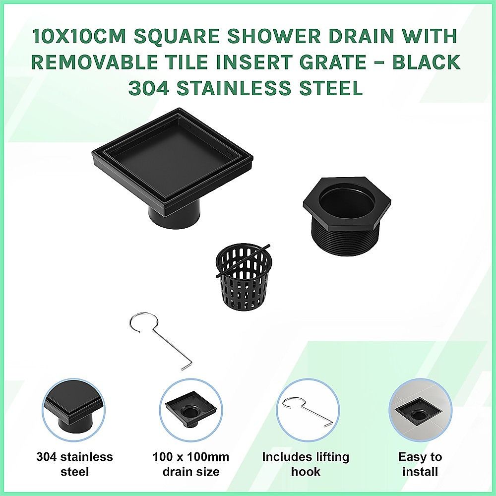 10x10cm Square Shower Drain with Removable Tile Insert Grate – Matte Black 304SS, CUPC Certified for Modern Bathrooms