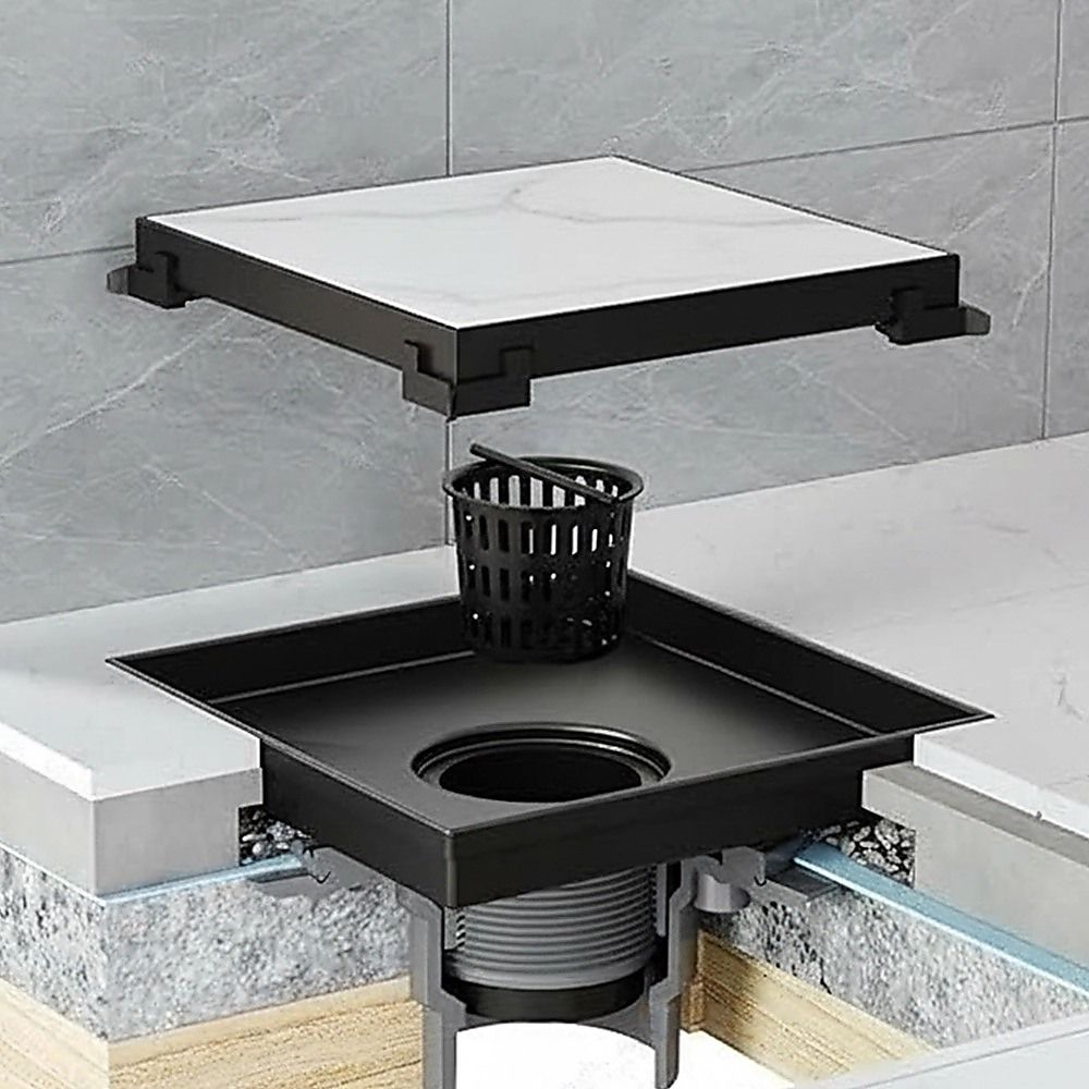 10x10cm Square Shower Drain with Removable Tile Insert Grate – Matte Black 304SS, CUPC Certified for Modern Bathrooms
