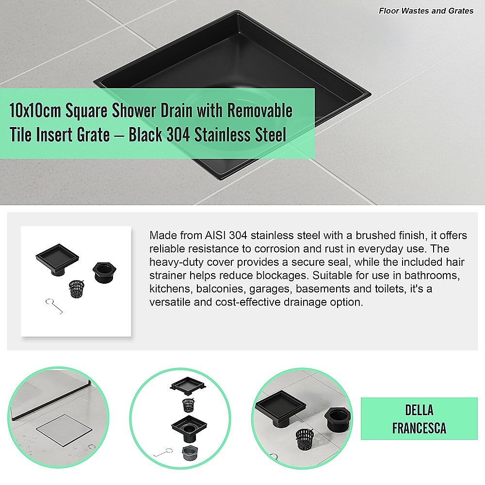 10x10cm Square Shower Drain with Removable Tile Insert Grate – Matte Black 304SS, CUPC Certified for Modern Bathrooms