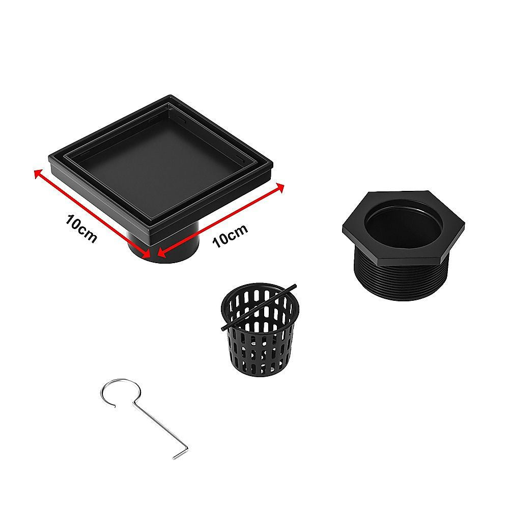 10x10cm Square Shower Drain with Removable Tile Insert Grate – Matte Black 304SS, CUPC Certified for Modern Bathrooms
