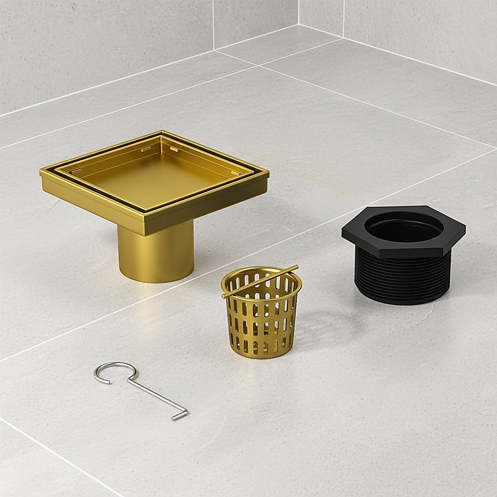 10x10cm Square Shower Drain with Removable Tile Insert Grate – Brushed Gold 304SS, CUPC Certified for Modern Bathrooms
