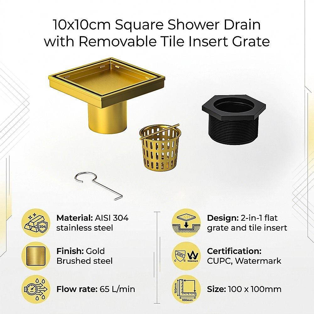 10x10cm Square Shower Drain with Removable Tile Insert Grate – Brushed Gold 304SS, CUPC Certified for Modern Bathrooms