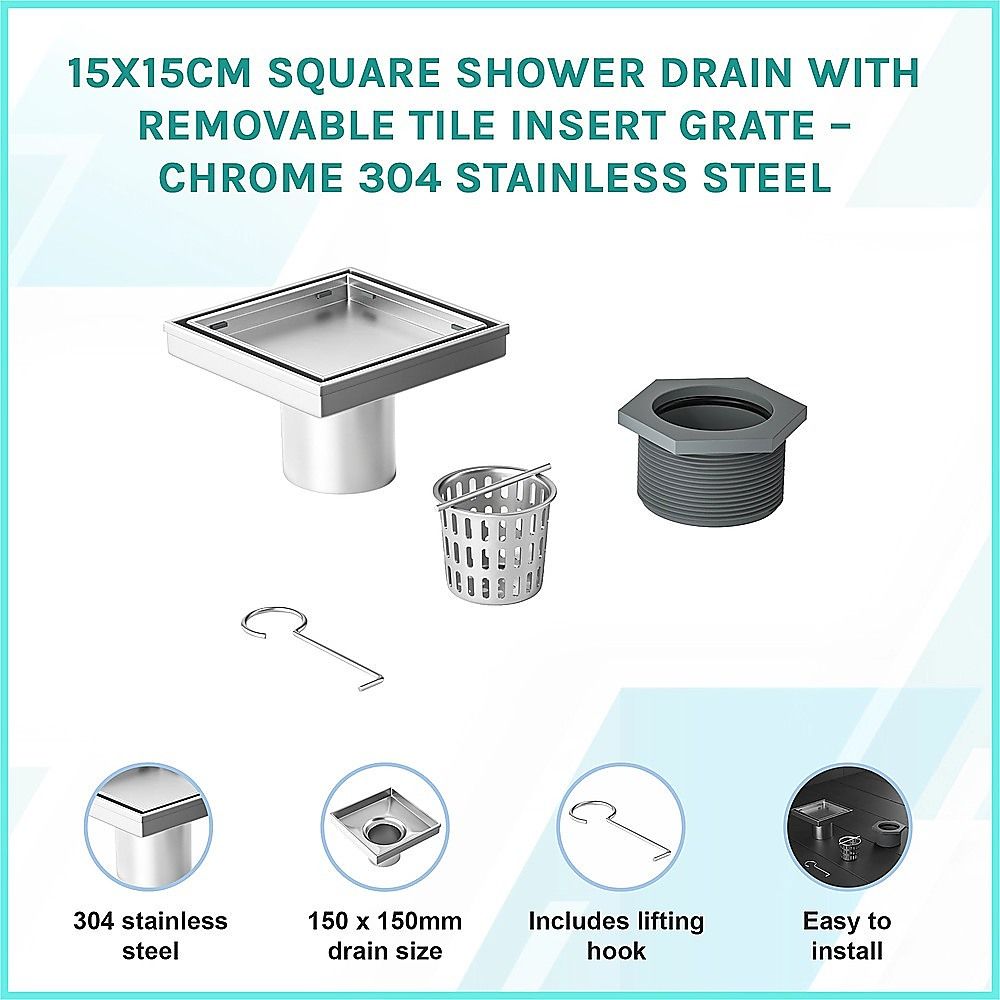 15x15cm Square Shower Drain with Removable Tile Insert Grate – Stainless steel 304SS, CUPC Certified for Modern Bathrooms
