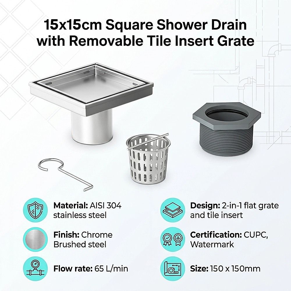 15x15cm Square Shower Drain with Removable Tile Insert Grate – Stainless steel 304SS, CUPC Certified for Modern Bathrooms
