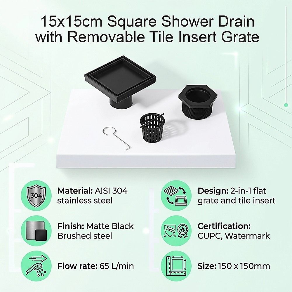 15x15cm Square Shower Drain with Removable Tile Insert Grate – Matte Black 304SS, CUPC Certified for Modern Bathrooms