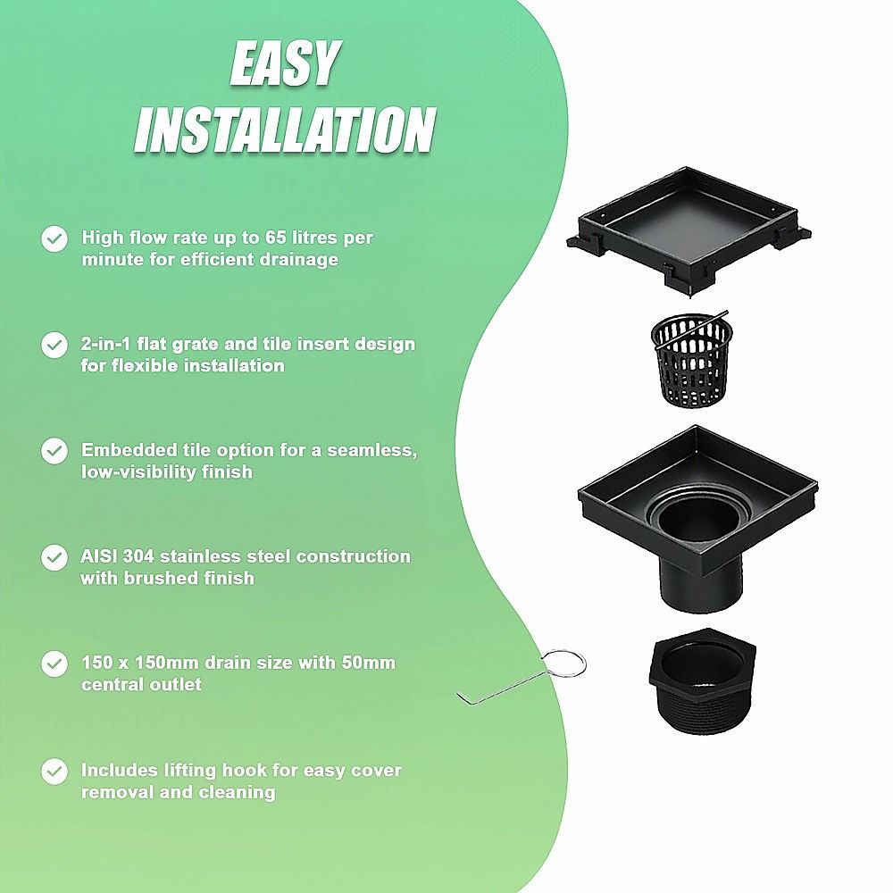 15x15cm Square Shower Drain with Removable Tile Insert Grate – Matte Black 304SS, CUPC Certified for Modern Bathrooms
