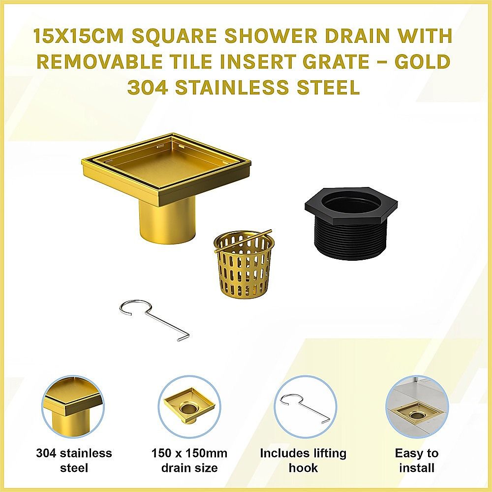 15x15cm Square Shower Drain with Removable Tile Insert Grate – Brushed Gold 304SS, CUPC Certified for Modern Bathrooms